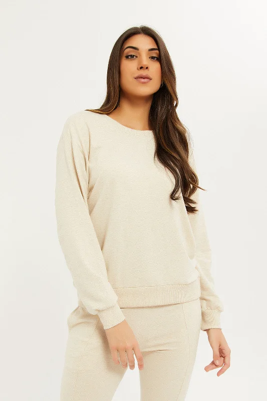 Women Beige Basic Long Sleeve Sweatshirt