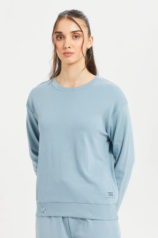 Women Blue Crew Neck Long Sleeve Sweatshirt