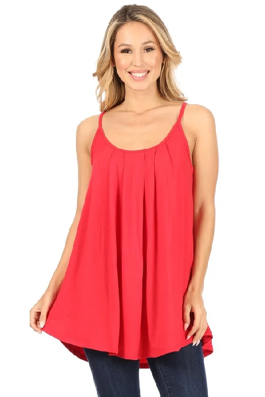 Pleated, scoop neck cami with adjustable spaghetti straps and curved hem.